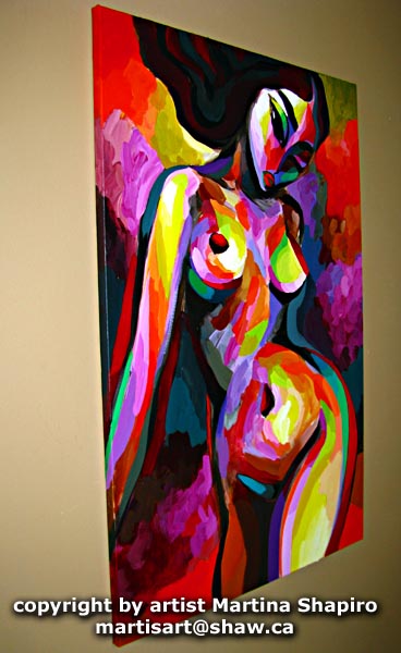 "Red Nude Mystique" painting hanging on a wall - artist Martina Shapiro "Red Nude Mystique" painting hanging on a wall - artist Martina Shapiro